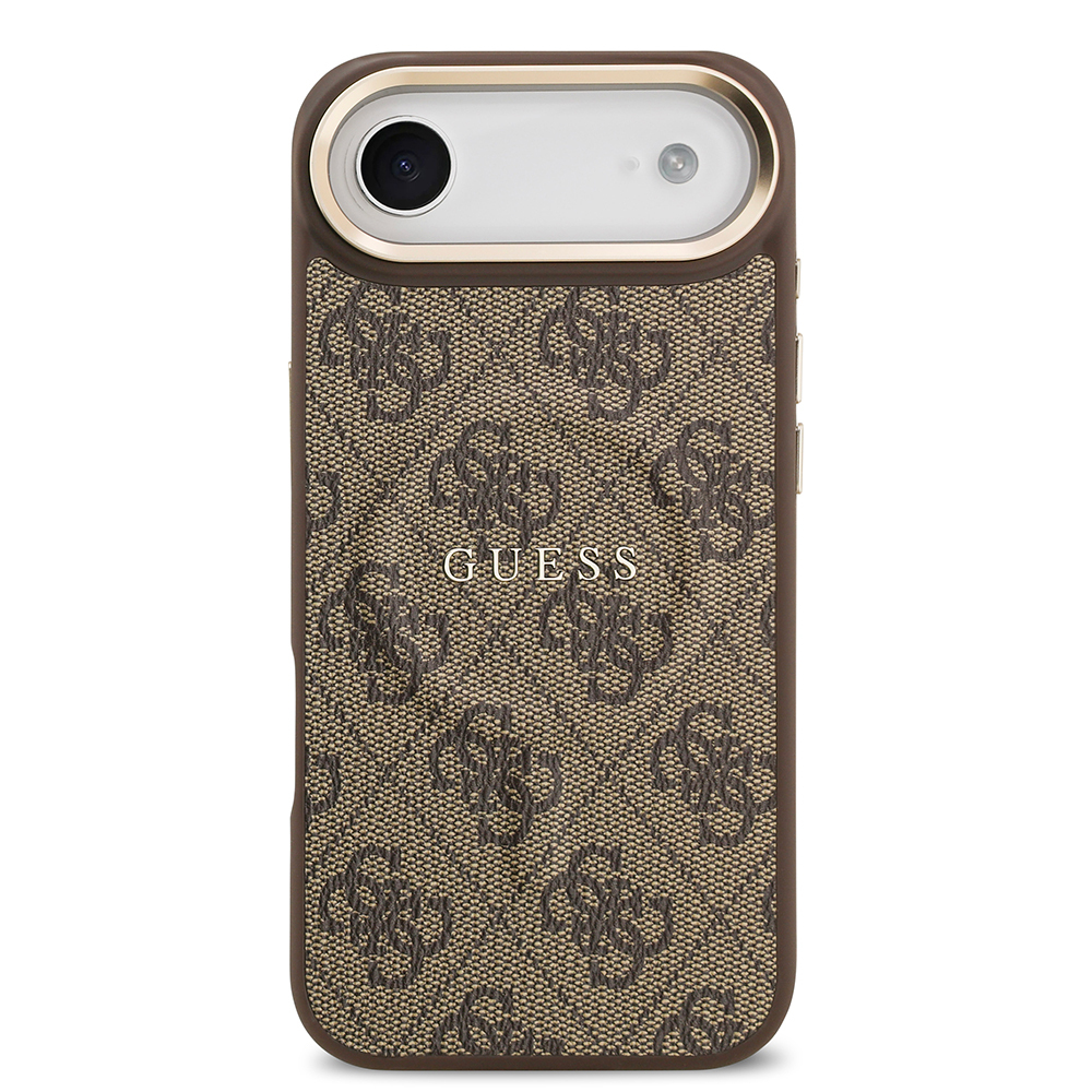 Apple iPhone 17 Air Uyumlu Kılıf Guess Orjinal Lisanslı M-safe Şarj Özellikli Gold Metal Kamera Çerçeveli PU Deri 4G Desenli Yazı Logolu Kapak - 6