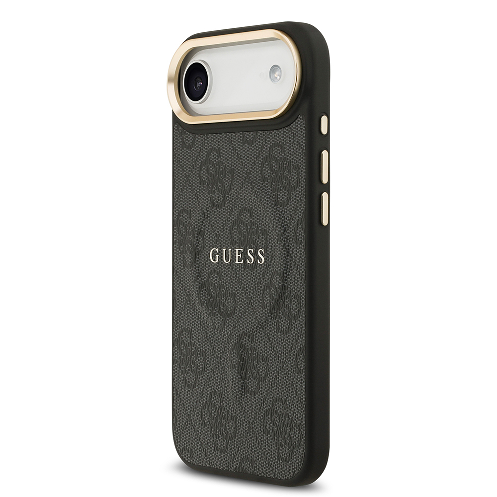 Apple iPhone 17 Air Uyumlu Kılıf Guess Orjinal Lisanslı M-safe Şarj Özellikli Gold Metal Kamera Çerçeveli PU Deri 4G Desenli Yazı Logolu Kapak - 7