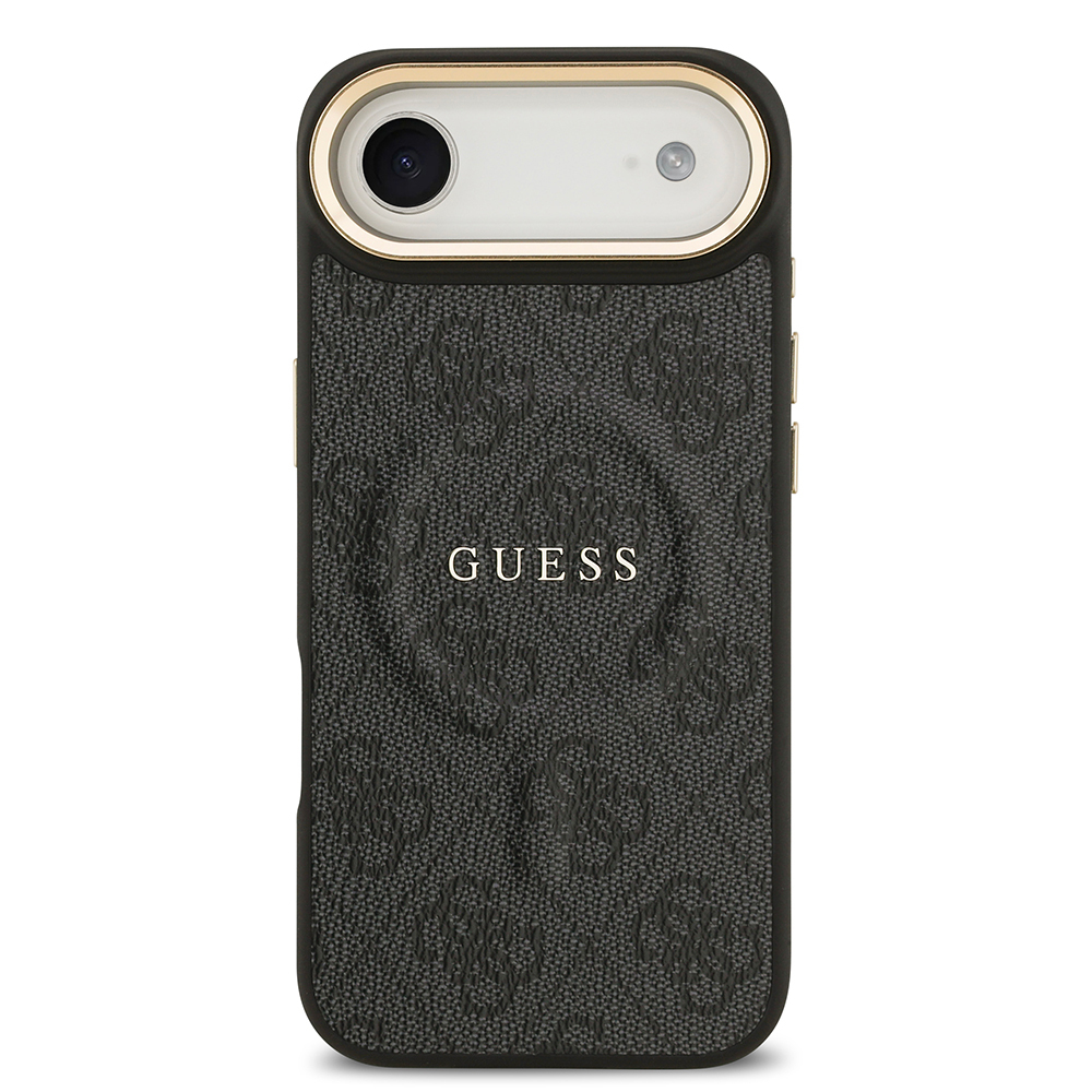 Apple iPhone 17 Air Uyumlu Kılıf Guess Orjinal Lisanslı M-safe Şarj Özellikli Gold Metal Kamera Çerçeveli PU Deri 4G Desenli Yazı Logolu Kapak - 8