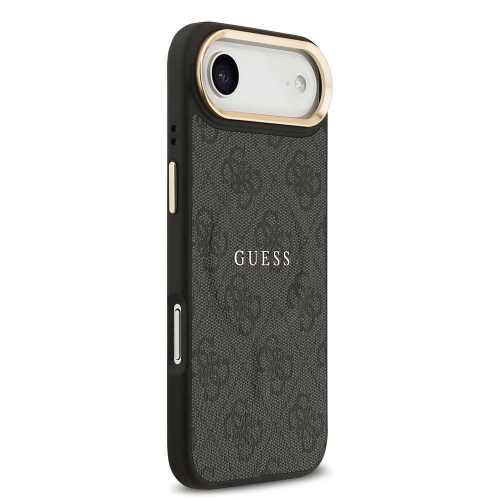 Apple iPhone 17 Air Uyumlu Kılıf Guess Orjinal Lisanslı M-safe Şarj Özellikli Gold Metal Kamera Çerçeveli PU Deri 4G Desenli Yazı Logolu Kapak - 9