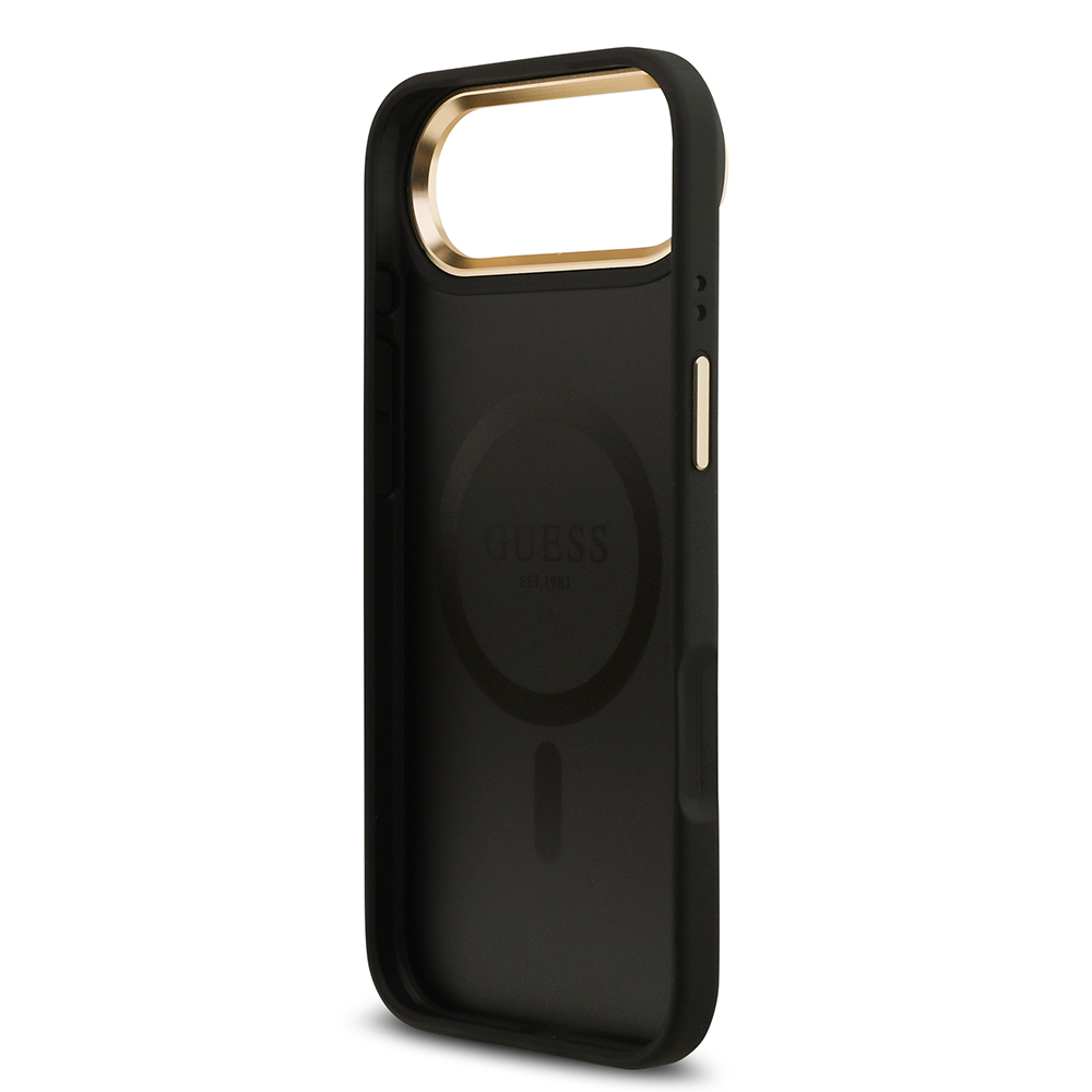 Apple iPhone 17 Air Uyumlu Kılıf Guess Orjinal Lisanslı M-safe Şarj Özellikli Gold Metal Kamera Çerçeveli PU Deri 4G Desenli Yazı Logolu Kapak - 12