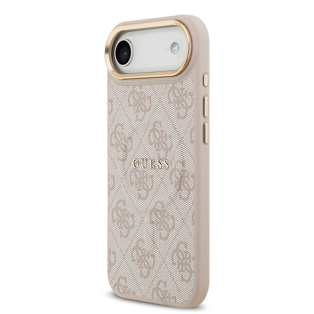 Apple iPhone 17 Air Uyumlu Kılıf Guess Orjinal Lisanslı M-safe Şarj Özellikli Gold Metal Kamera Çerçeveli PU Deri 4G Desenli Yazı Logolu Kapak - 13