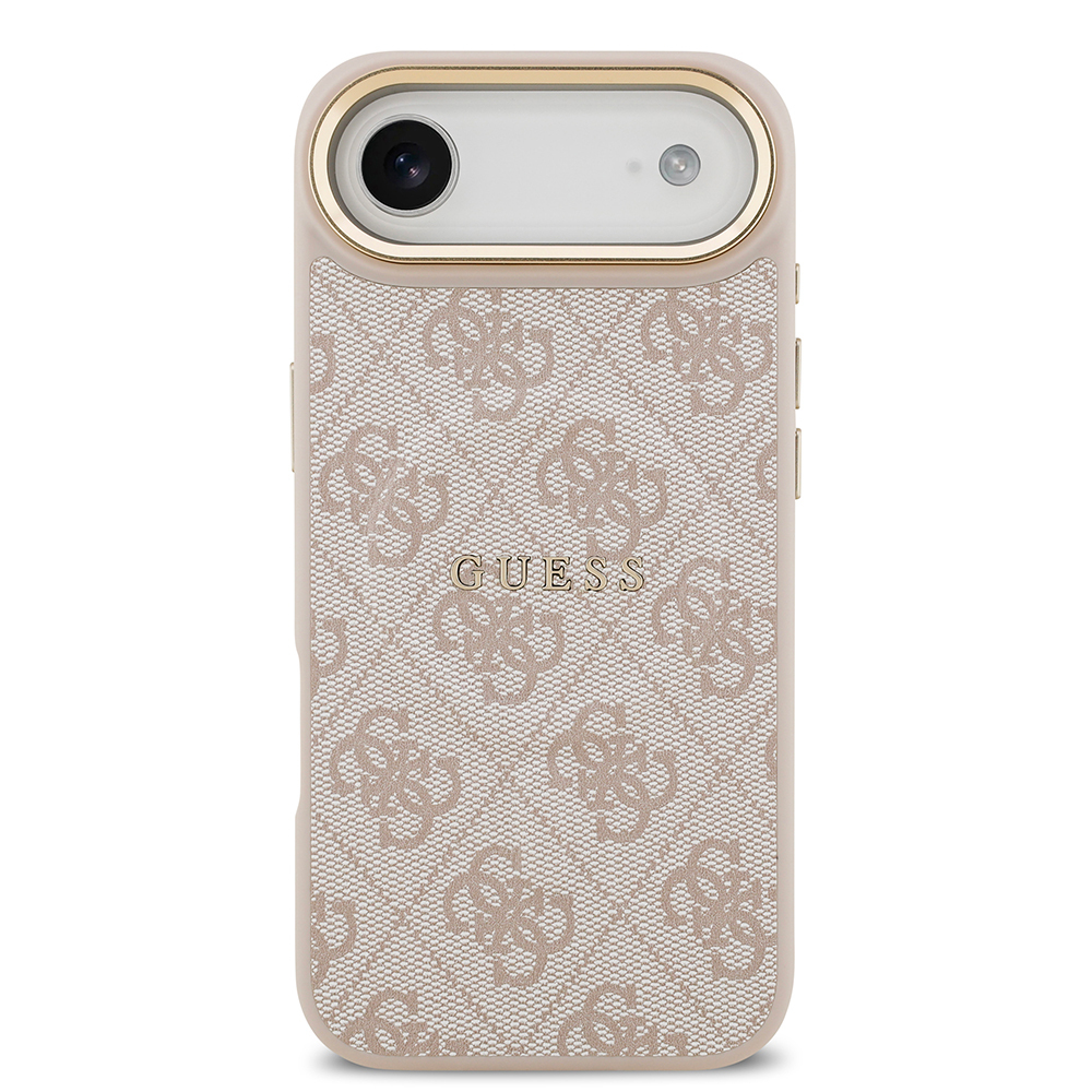 Apple iPhone 17 Air Uyumlu Kılıf Guess Orjinal Lisanslı M-safe Şarj Özellikli Gold Metal Kamera Çerçeveli PU Deri 4G Desenli Yazı Logolu Kapak - 14
