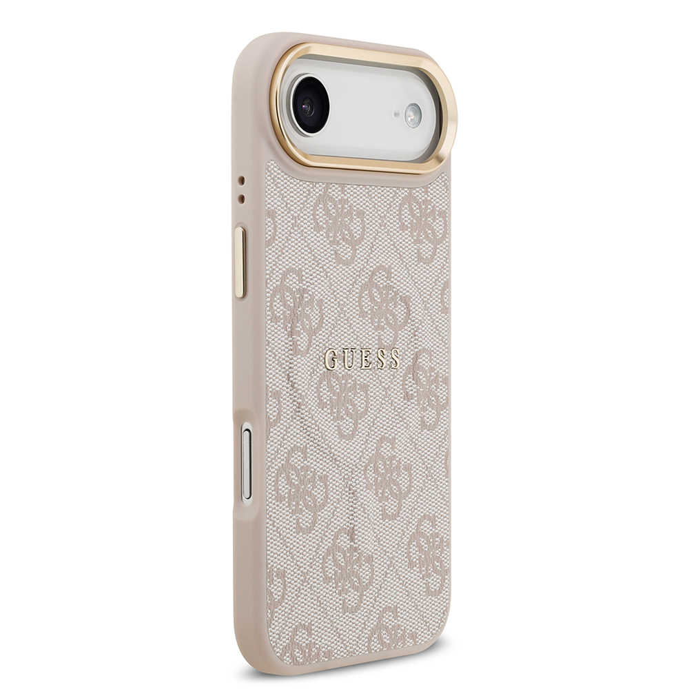Apple iPhone 17 Air Uyumlu Kılıf Guess Orjinal Lisanslı M-safe Şarj Özellikli Gold Metal Kamera Çerçeveli PU Deri 4G Desenli Yazı Logolu Kapak - 15