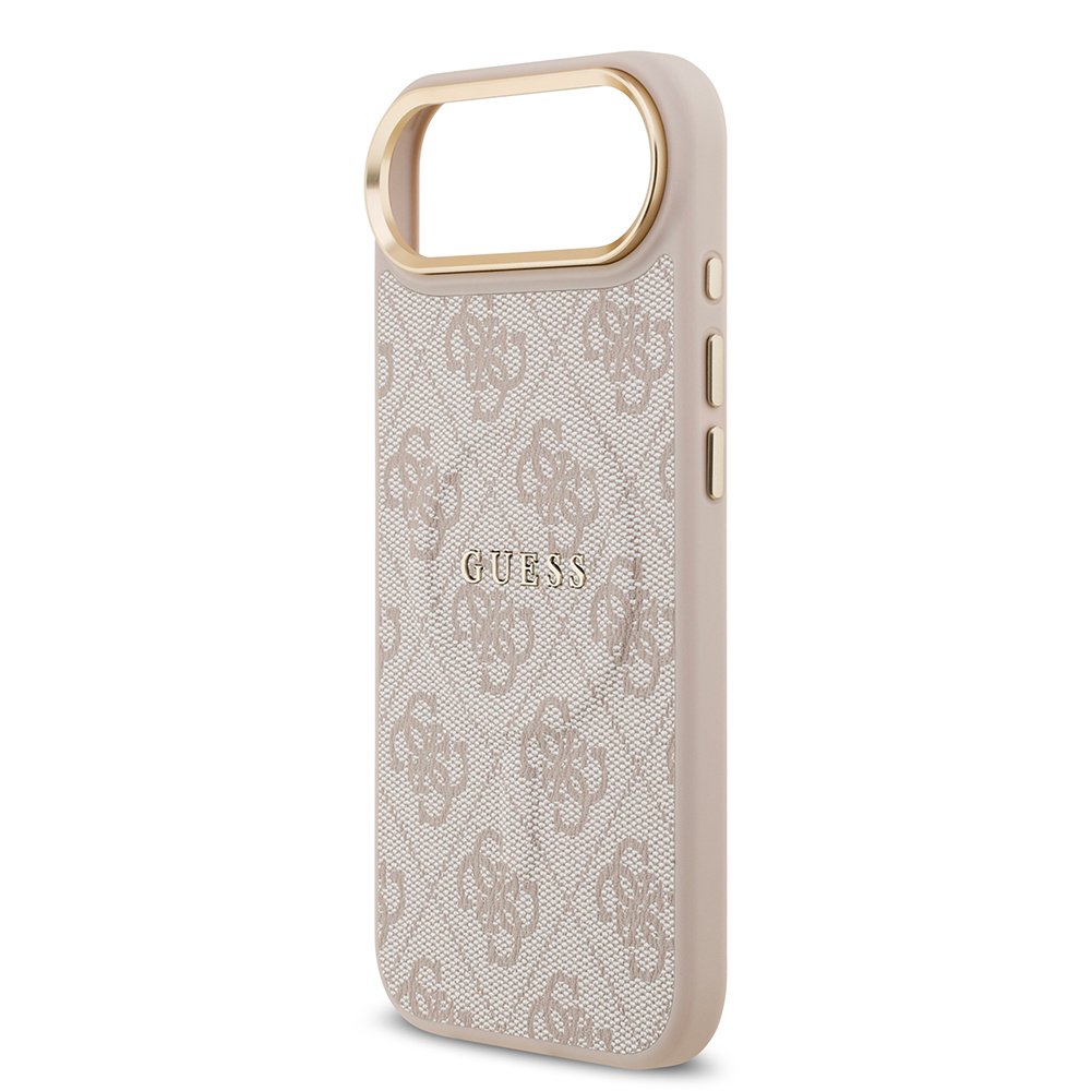 Apple iPhone 17 Air Uyumlu Kılıf Guess Orjinal Lisanslı M-safe Şarj Özellikli Gold Metal Kamera Çerçeveli PU Deri 4G Desenli Yazı Logolu Kapak - 17