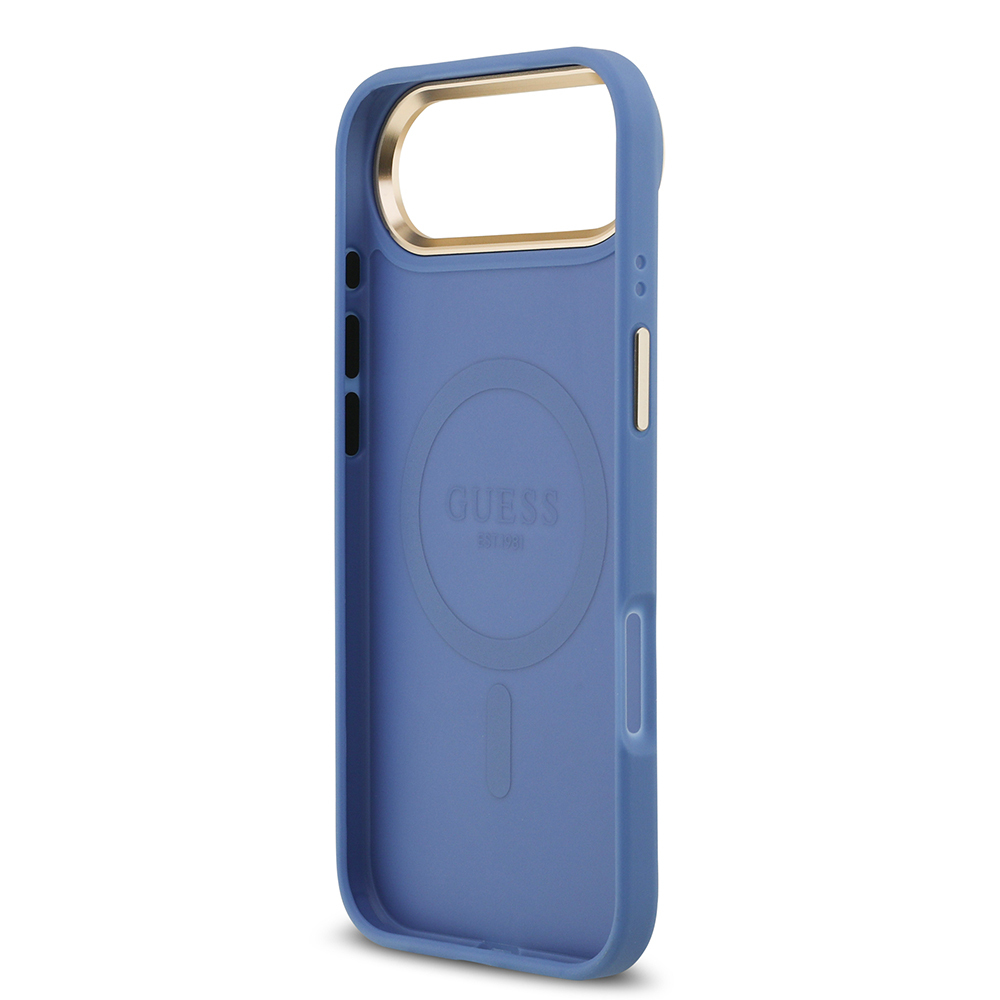 Apple iPhone 17 Air Uyumlu Kılıf Guess Orjinal Lisanslı M-safe Şarj Özellikli Gold Metal Kamera Çerçeveli PU Deri 4G Desenli Yazı Logolu Kapak - 27