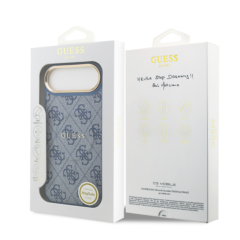 Apple iPhone 17 Air Uyumlu Kılıf Guess Orjinal Lisanslı M-safe Şarj Özellikli Gold Metal Kamera Çerçeveli PU Deri 4G Desenli Yazı Logolu Kapak - 28