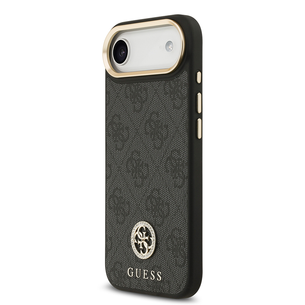 Apple iPhone 17 Air Uyumlu Kılıf Guess Orjinal Lisanslı M-safe Şarj Özellikli Gold Metal Kamera Çerçeveli Taşlı 4G Logolu Kapak - 7