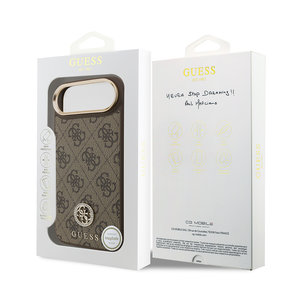 Apple iPhone 17 Air Uyumlu Kılıf Guess Orjinal Lisanslı M-safe Şarj Özellikli Gold Metal Kamera Çerçeveli Taşlı 4G Logolu Kapak - 13