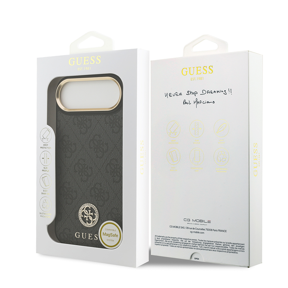 Apple iPhone 17 Air Uyumlu Kılıf Guess Orjinal Lisanslı M-safe Şarj Özellikli Gold Metal Kamera Çerçeveli Taşlı 4G Logolu Kapak - 14