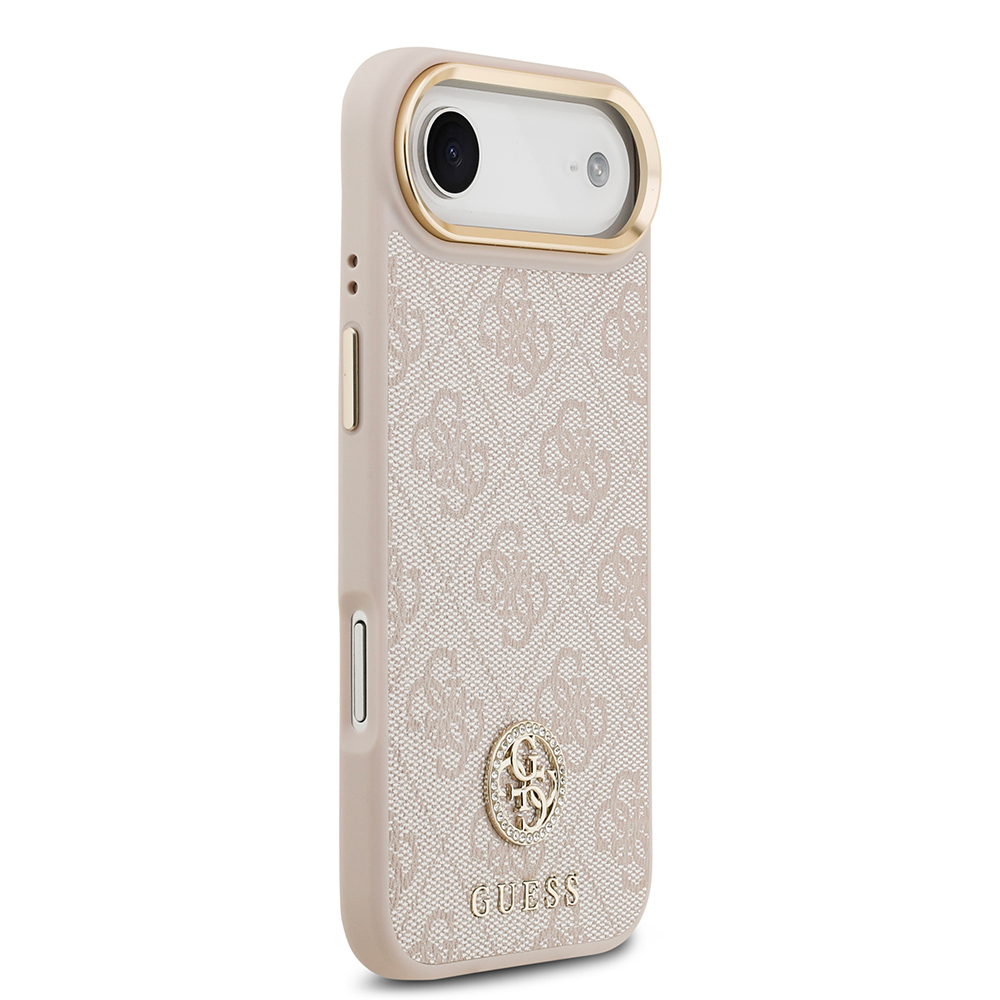 Apple iPhone 17 Air Uyumlu Kılıf Guess Orjinal Lisanslı M-safe Şarj Özellikli Gold Metal Kamera Çerçeveli Taşlı 4G Logolu Kapak - 17