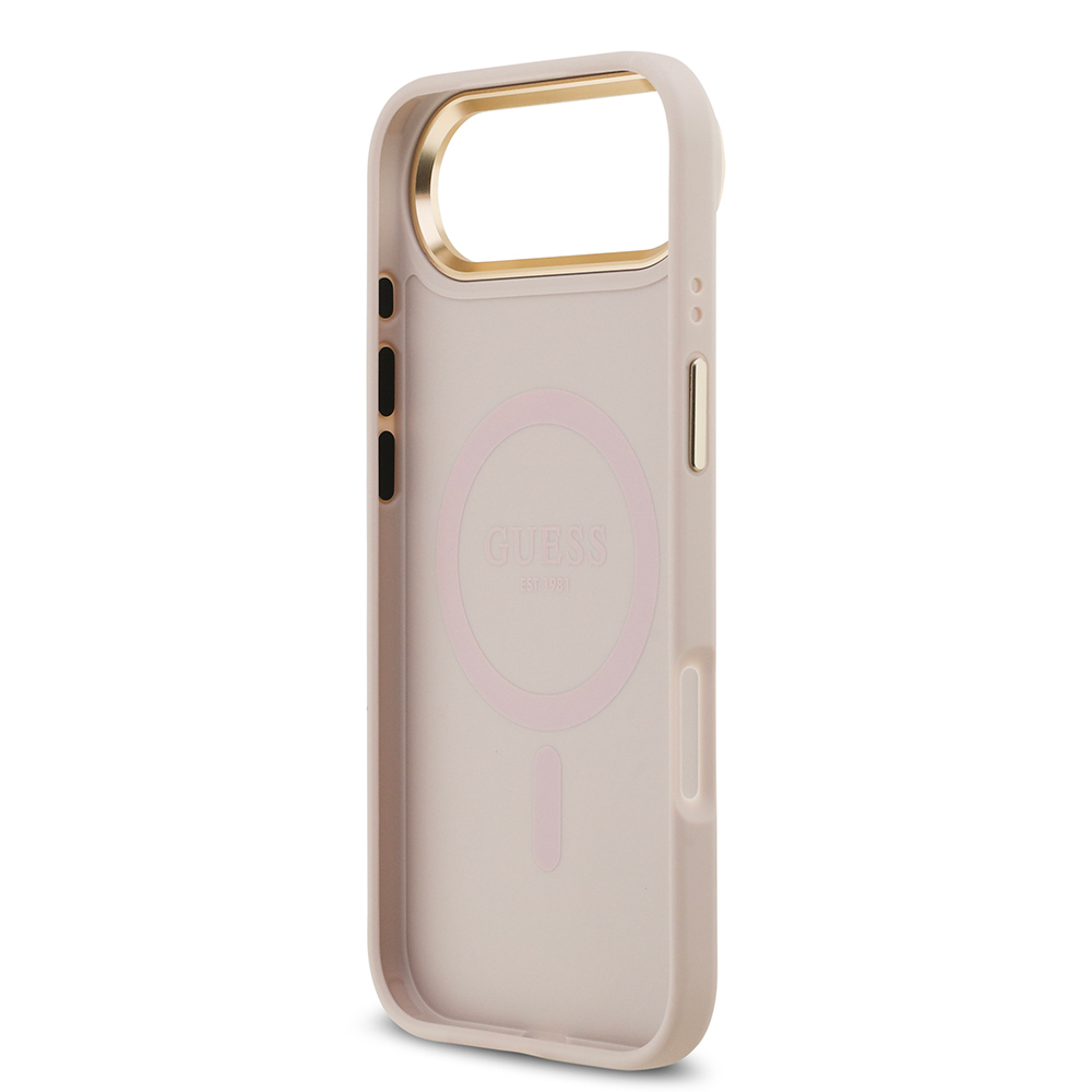 Apple iPhone 17 Air Uyumlu Kılıf Guess Orjinal Lisanslı M-safe Şarj Özellikli Gold Metal Kamera Çerçeveli Taşlı 4G Logolu Kapak - 20