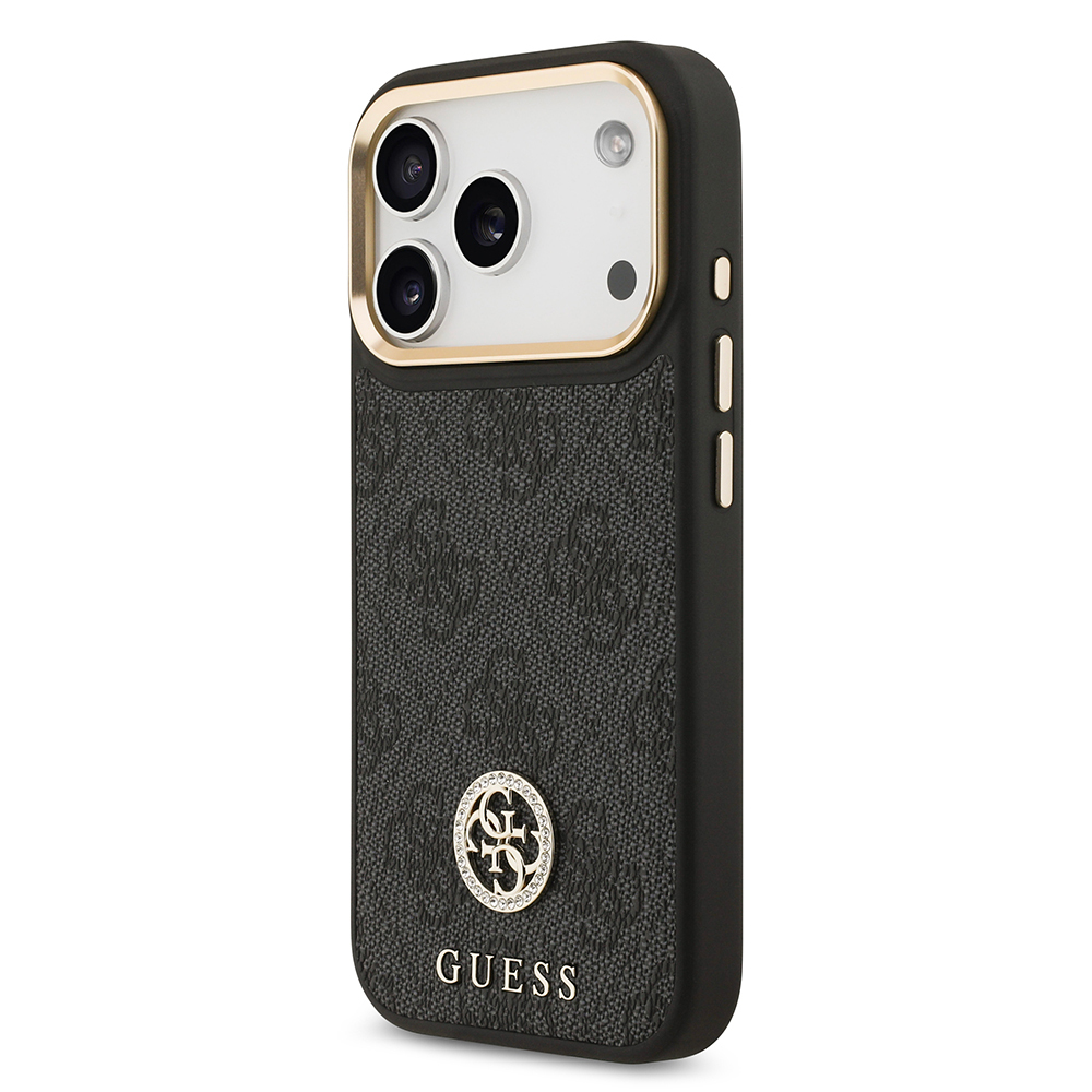 Apple iPhone 17 Pro Uyumlu Kılıf Guess Orjinal Lisanslı M-safe Şarj Özellikli Gold Metal Kamera Çerçeveli Taşlı 4G Logolu Kapak - 1