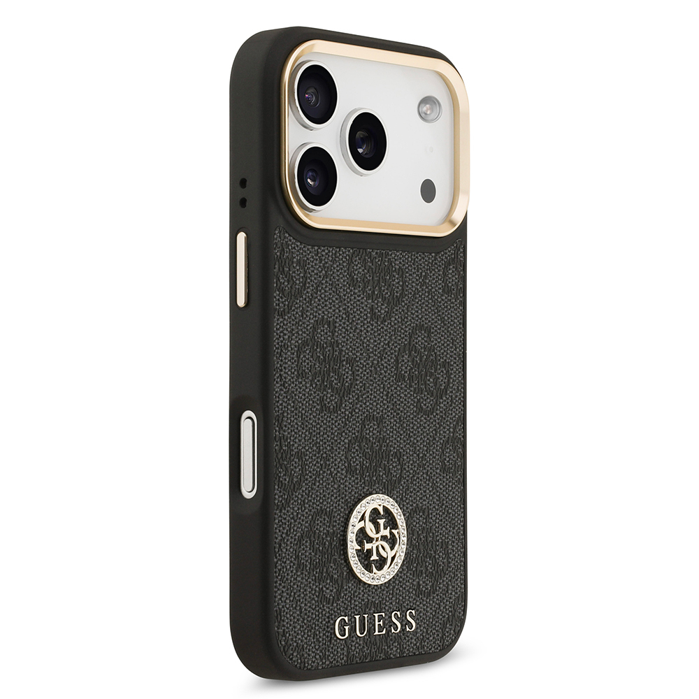 Apple iPhone 17 Pro Uyumlu Kılıf Guess Orjinal Lisanslı M-safe Şarj Özellikli Gold Metal Kamera Çerçeveli Taşlı 4G Logolu Kapak - 3