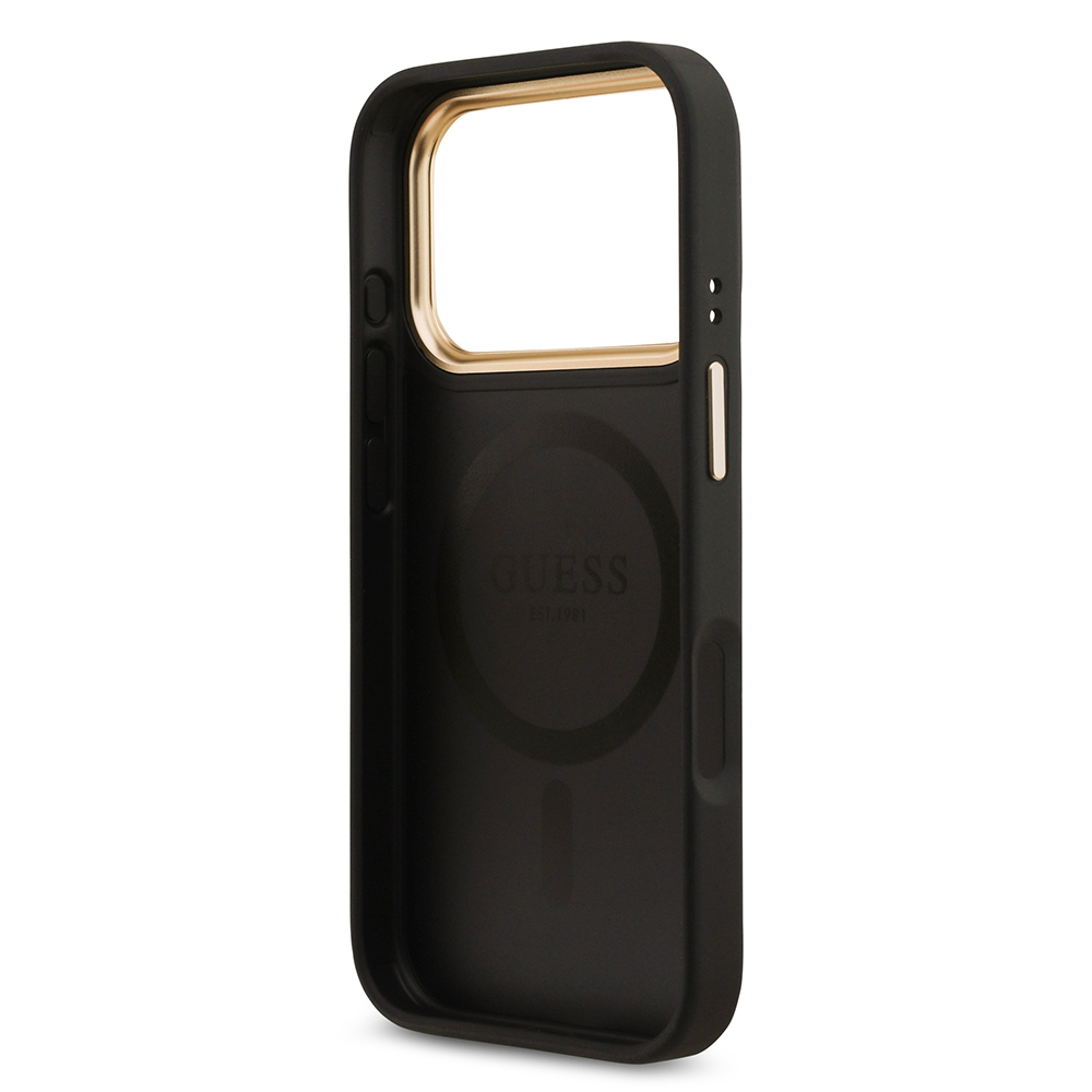 Apple iPhone 17 Pro Uyumlu Kılıf Guess Orjinal Lisanslı M-safe Şarj Özellikli Gold Metal Kamera Çerçeveli Taşlı 4G Logolu Kapak - 6