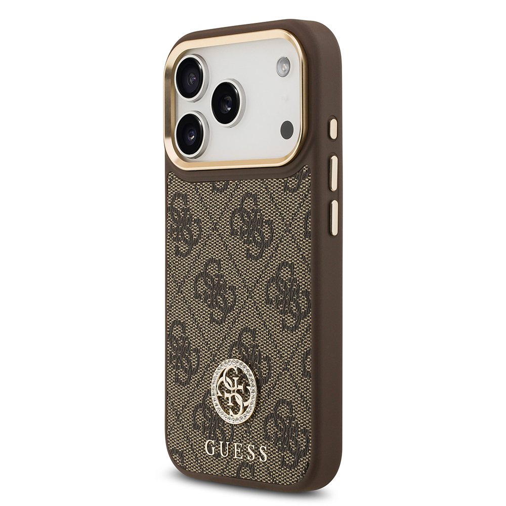Apple iPhone 17 Pro Uyumlu Kılıf Guess Orjinal Lisanslı M-safe Şarj Özellikli Gold Metal Kamera Çerçeveli Taşlı 4G Logolu Kapak - 7