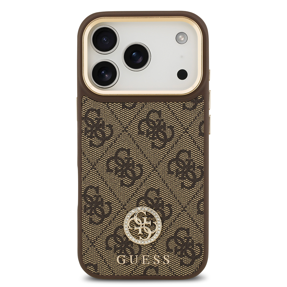 Apple iPhone 17 Pro Uyumlu Kılıf Guess Orjinal Lisanslı M-safe Şarj Özellikli Gold Metal Kamera Çerçeveli Taşlı 4G Logolu Kapak - 8