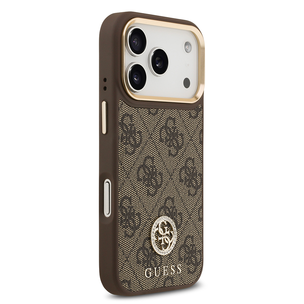 Apple iPhone 17 Pro Uyumlu Kılıf Guess Orjinal Lisanslı M-safe Şarj Özellikli Gold Metal Kamera Çerçeveli Taşlı 4G Logolu Kapak - 9