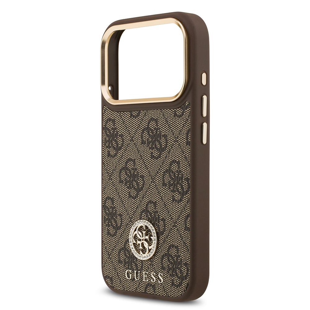 Apple iPhone 17 Pro Uyumlu Kılıf Guess Orjinal Lisanslı M-safe Şarj Özellikli Gold Metal Kamera Çerçeveli Taşlı 4G Logolu Kapak - 11