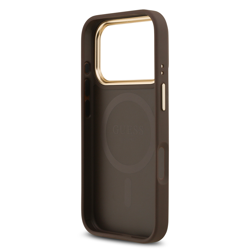 Apple iPhone 17 Pro Uyumlu Kılıf Guess Orjinal Lisanslı M-safe Şarj Özellikli Gold Metal Kamera Çerçeveli Taşlı 4G Logolu Kapak - 12