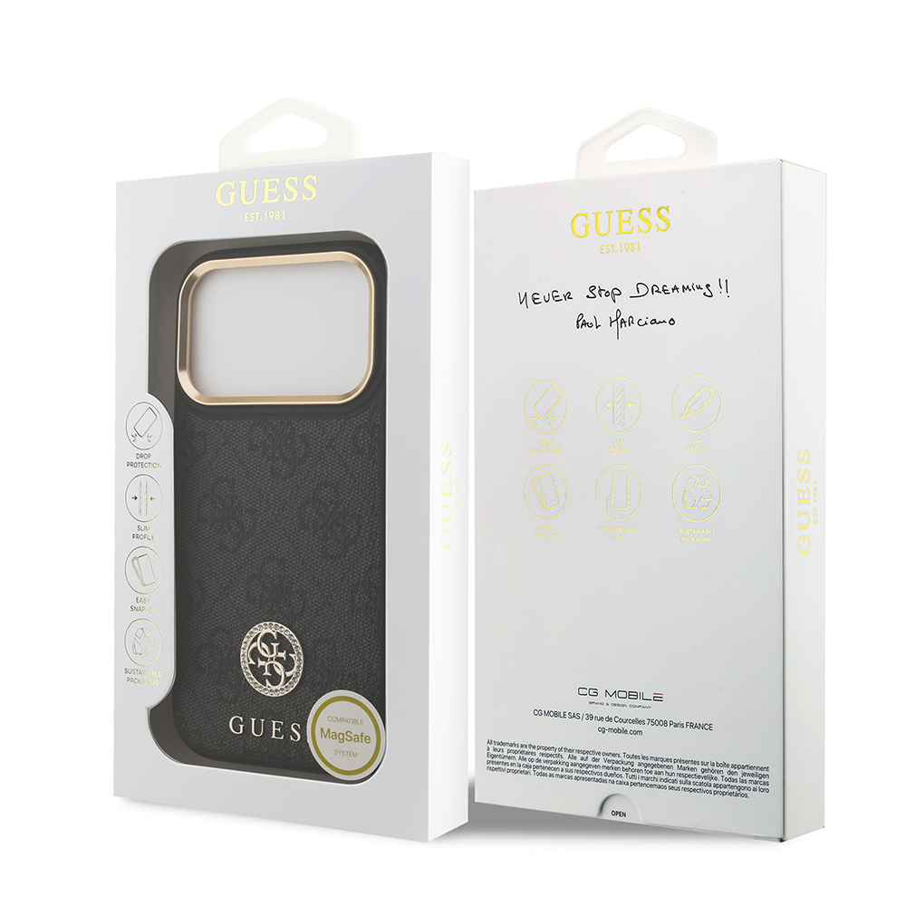 Apple iPhone 17 Pro Uyumlu Kılıf Guess Orjinal Lisanslı M-safe Şarj Özellikli Gold Metal Kamera Çerçeveli Taşlı 4G Logolu Kapak - 14
