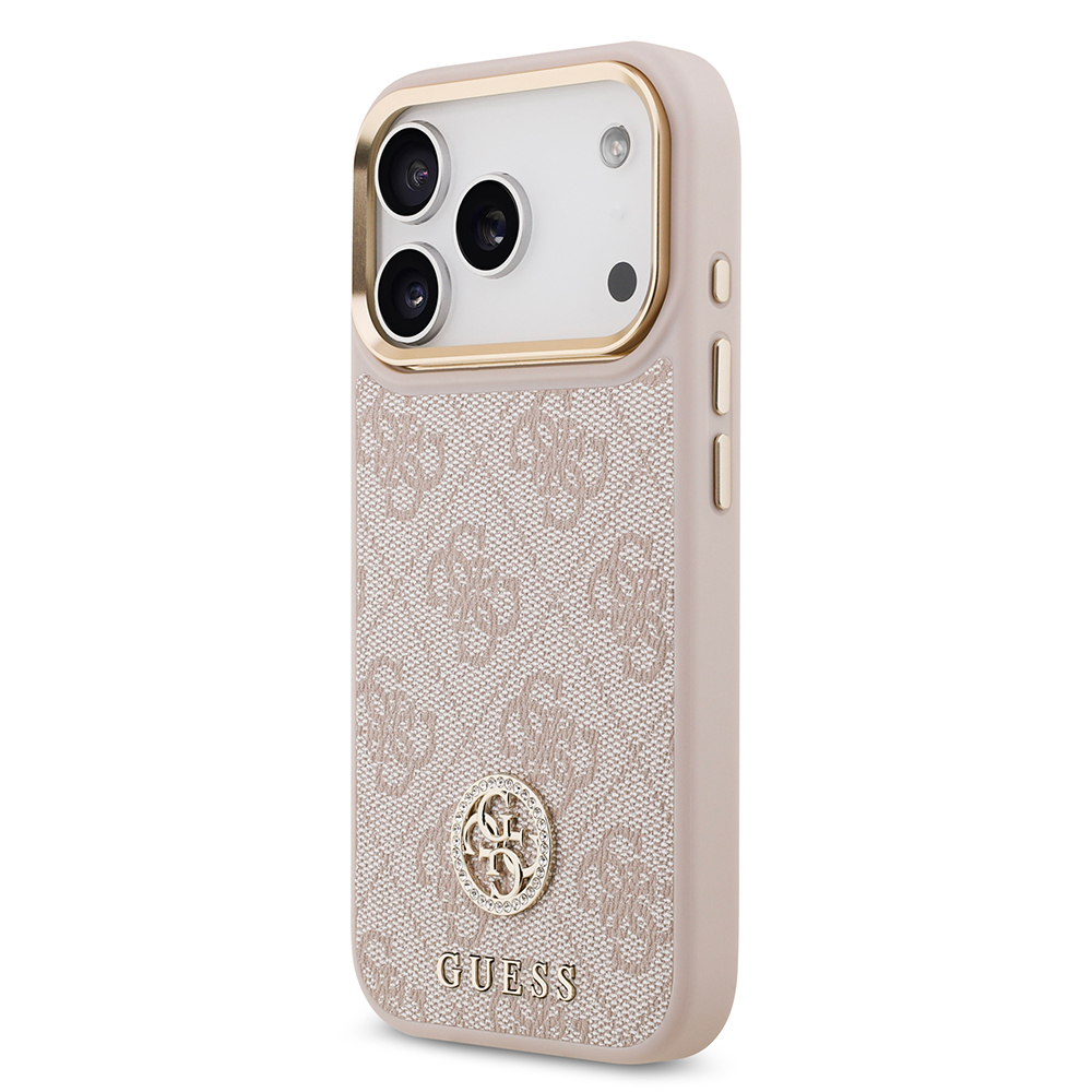 Apple iPhone 17 Pro Uyumlu Kılıf Guess Orjinal Lisanslı M-safe Şarj Özellikli Gold Metal Kamera Çerçeveli Taşlı 4G Logolu Kapak - 15