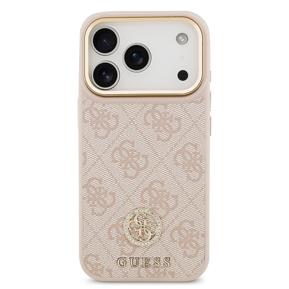 Apple iPhone 17 Pro Uyumlu Kılıf Guess Orjinal Lisanslı M-safe Şarj Özellikli Gold Metal Kamera Çerçeveli Taşlı 4G Logolu Kapak - 16