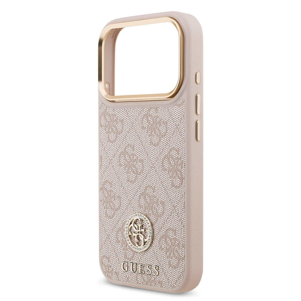 Apple iPhone 17 Pro Uyumlu Kılıf Guess Orjinal Lisanslı M-safe Şarj Özellikli Gold Metal Kamera Çerçeveli Taşlı 4G Logolu Kapak - 19