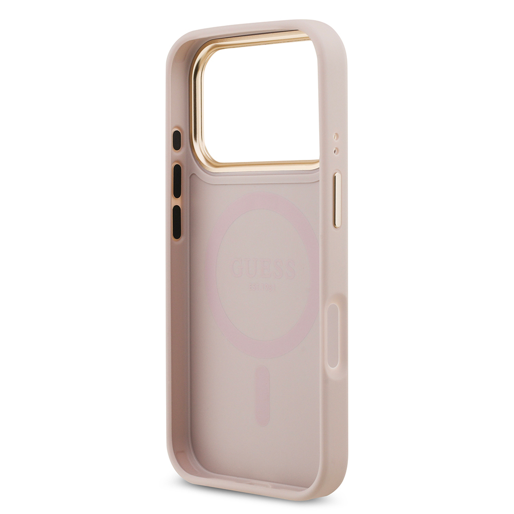 Apple iPhone 17 Pro Uyumlu Kılıf Guess Orjinal Lisanslı M-safe Şarj Özellikli Gold Metal Kamera Çerçeveli Taşlı 4G Logolu Kapak - 20