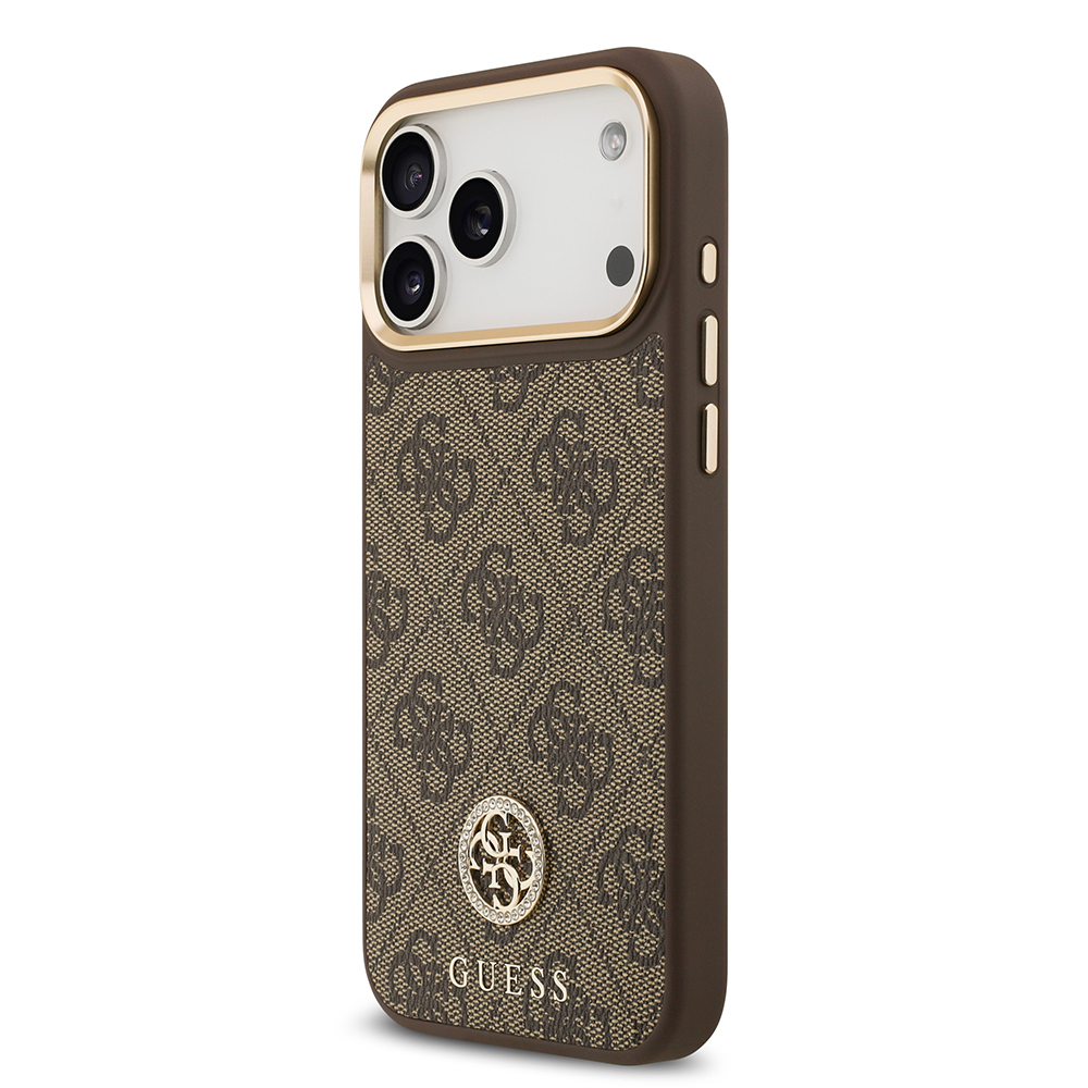 Apple iPhone 17 Pro Max Uyumlu Kılıf Guess Orjinal Lisanslı M-safe Şarj Özellikli Gold Metal Kamera Çerçeveli Taşlı 4G Logolu Kapak - 1