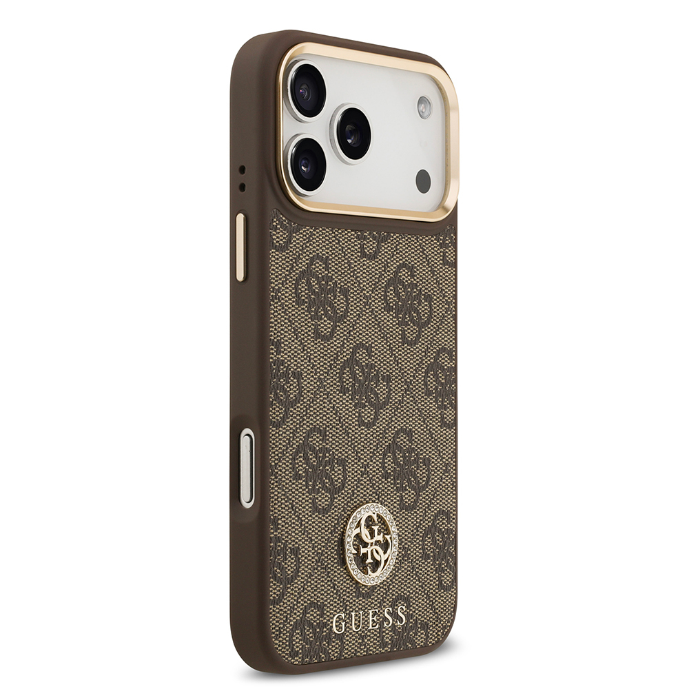 Apple iPhone 17 Pro Max Uyumlu Kılıf Guess Orjinal Lisanslı M-safe Şarj Özellikli Gold Metal Kamera Çerçeveli Taşlı 4G Logolu Kapak - 3