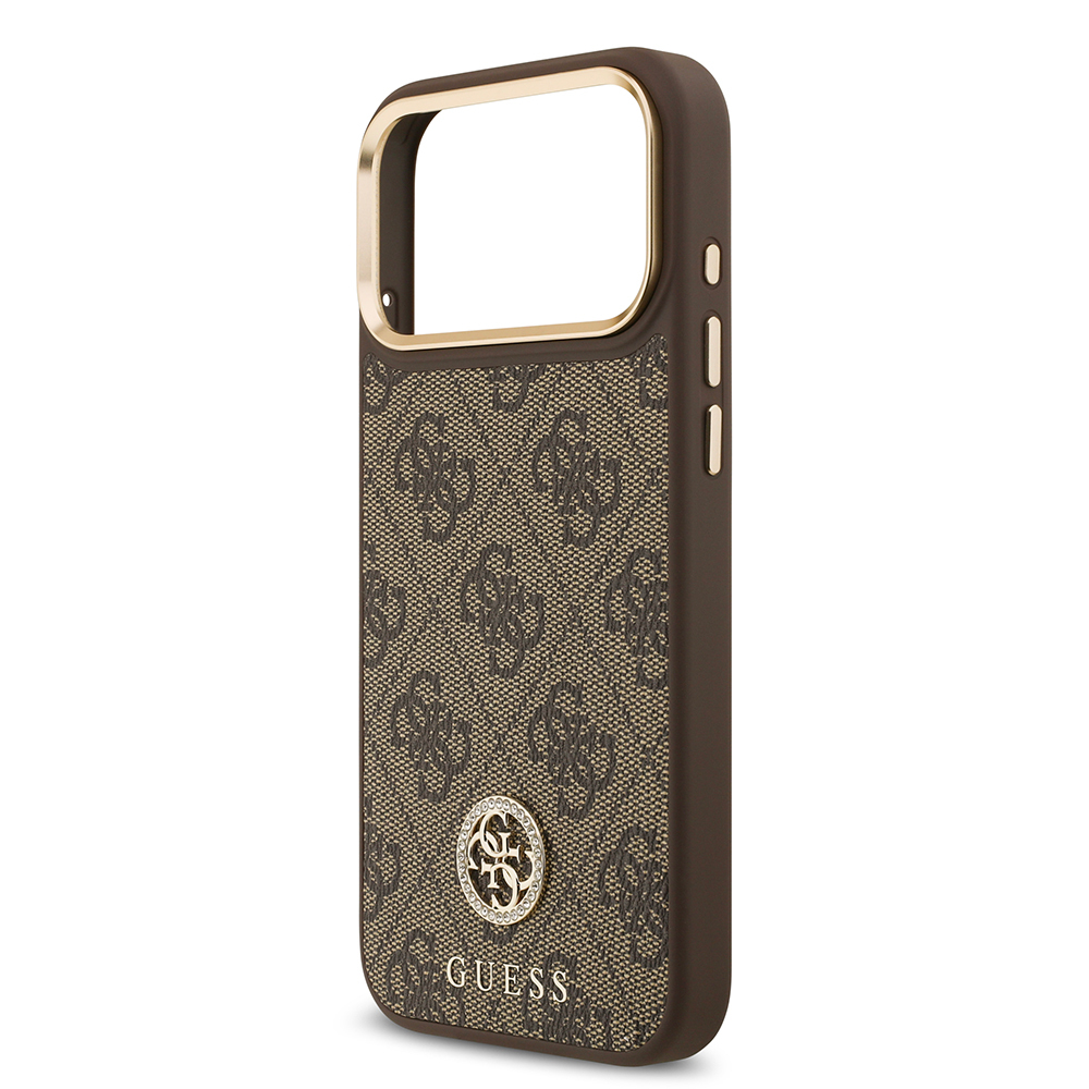 Apple iPhone 17 Pro Max Uyumlu Kılıf Guess Orjinal Lisanslı M-safe Şarj Özellikli Gold Metal Kamera Çerçeveli Taşlı 4G Logolu Kapak - 5