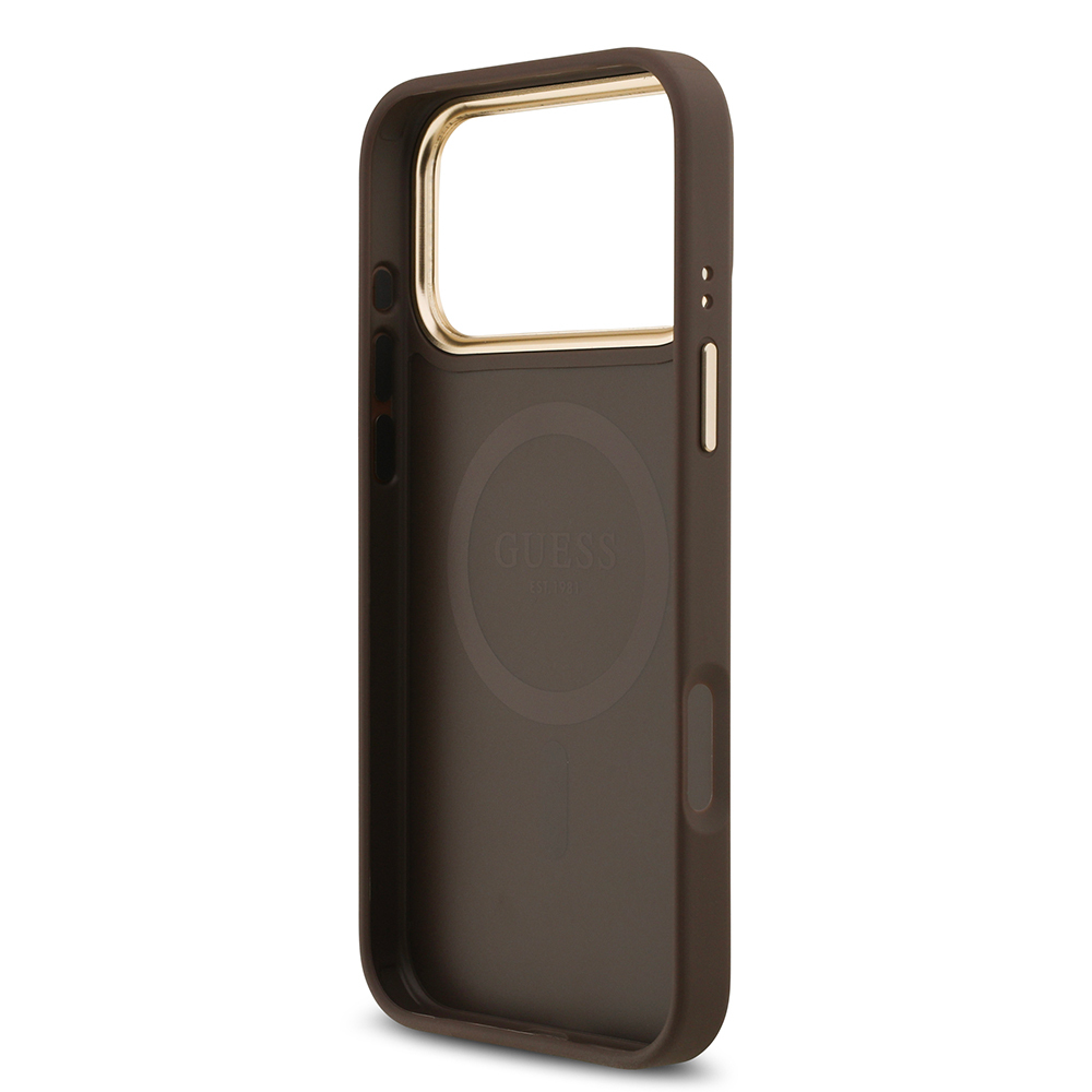 Apple iPhone 17 Pro Max Uyumlu Kılıf Guess Orjinal Lisanslı M-safe Şarj Özellikli Gold Metal Kamera Çerçeveli Taşlı 4G Logolu Kapak - 6