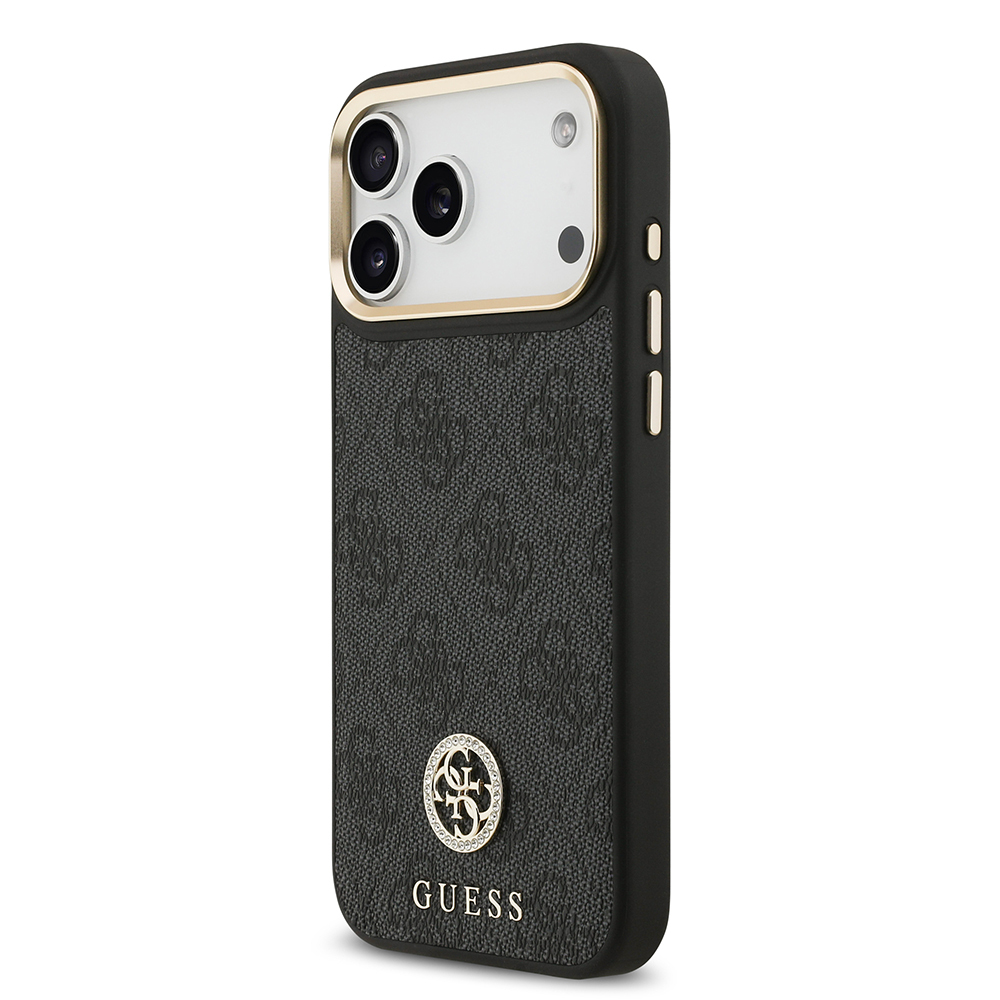Apple iPhone 17 Pro Max Uyumlu Kılıf Guess Orjinal Lisanslı M-safe Şarj Özellikli Gold Metal Kamera Çerçeveli Taşlı 4G Logolu Kapak - 7