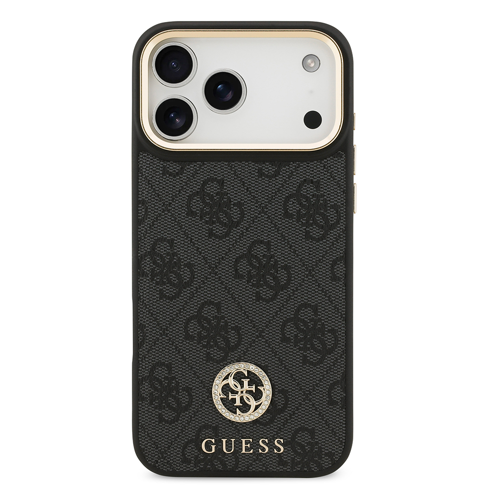 Apple iPhone 17 Pro Max Uyumlu Kılıf Guess Orjinal Lisanslı M-safe Şarj Özellikli Gold Metal Kamera Çerçeveli Taşlı 4G Logolu Kapak - 8