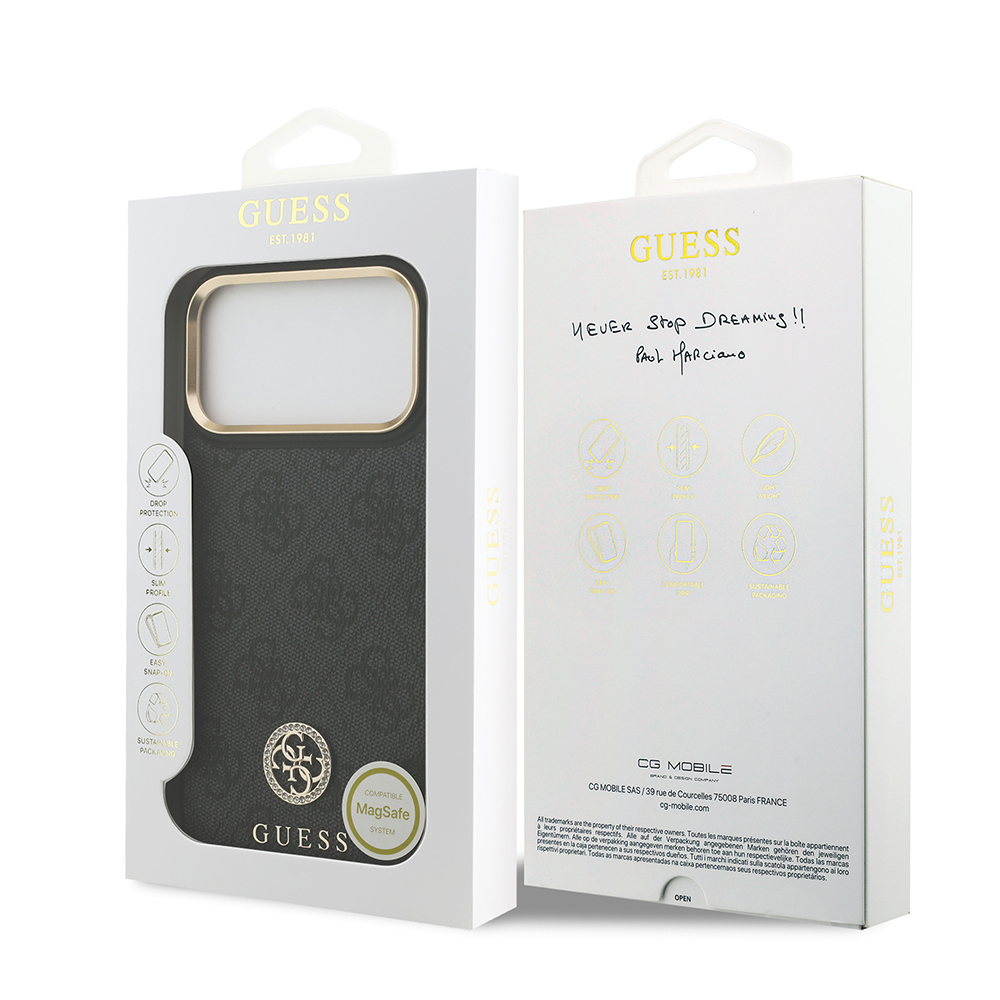 Apple iPhone 17 Pro Max Uyumlu Kılıf Guess Orjinal Lisanslı M-safe Şarj Özellikli Gold Metal Kamera Çerçeveli Taşlı 4G Logolu Kapak - 14