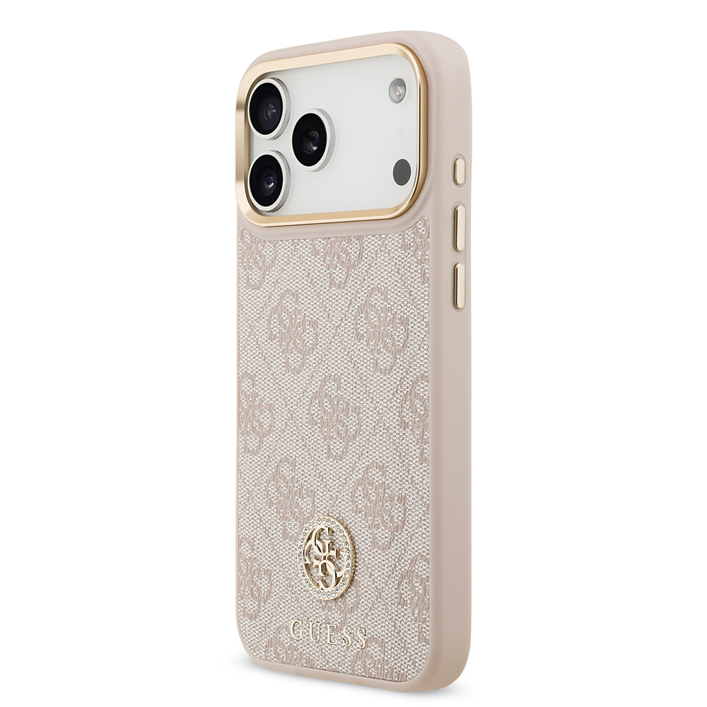 Apple iPhone 17 Pro Max Uyumlu Kılıf Guess Orjinal Lisanslı M-safe Şarj Özellikli Gold Metal Kamera Çerçeveli Taşlı 4G Logolu Kapak - 15
