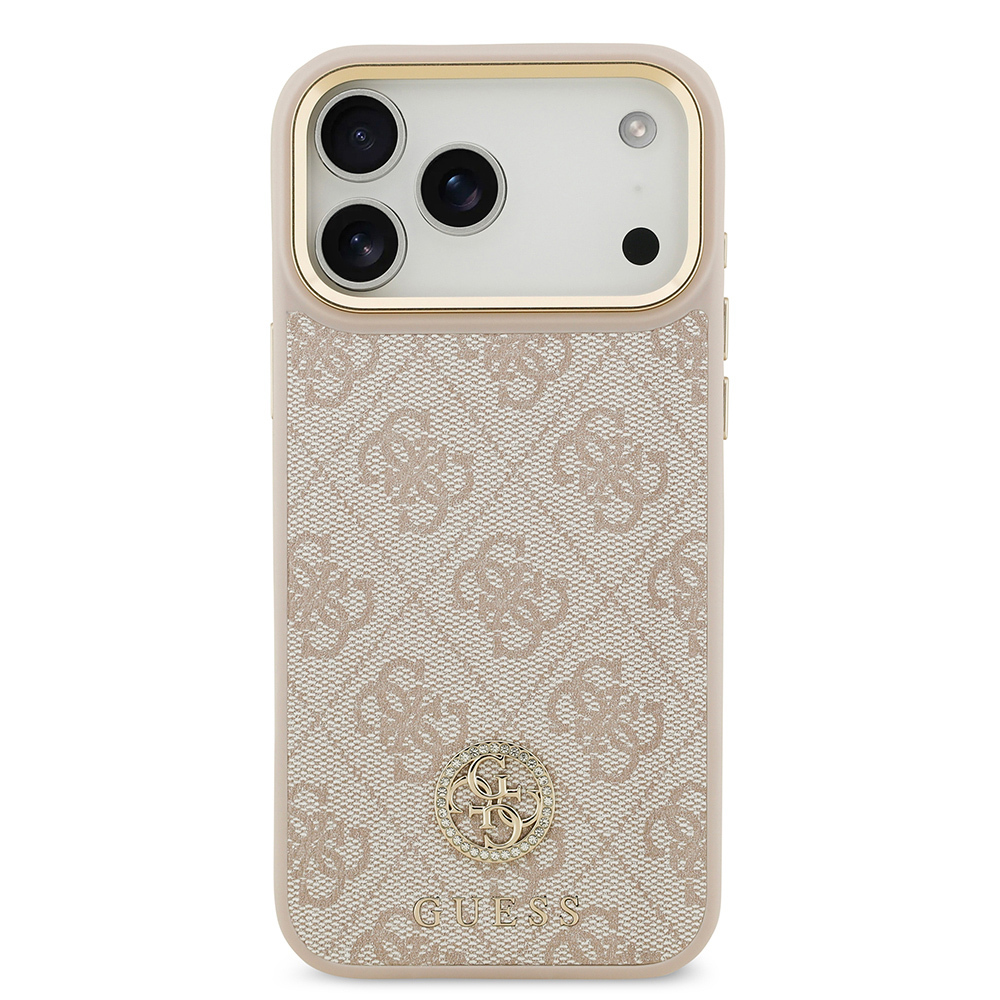 Apple iPhone 17 Pro Max Uyumlu Kılıf Guess Orjinal Lisanslı M-safe Şarj Özellikli Gold Metal Kamera Çerçeveli Taşlı 4G Logolu Kapak - 16