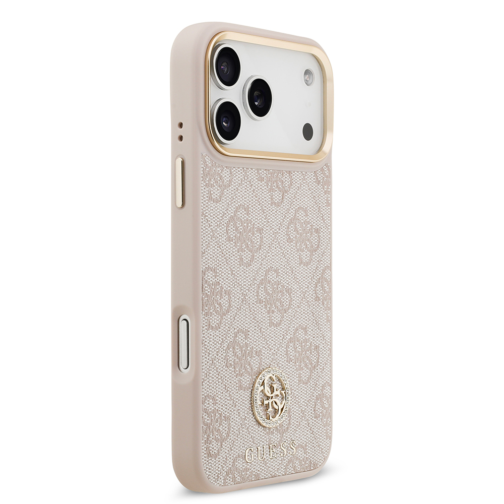 Apple iPhone 17 Pro Max Uyumlu Kılıf Guess Orjinal Lisanslı M-safe Şarj Özellikli Gold Metal Kamera Çerçeveli Taşlı 4G Logolu Kapak - 17