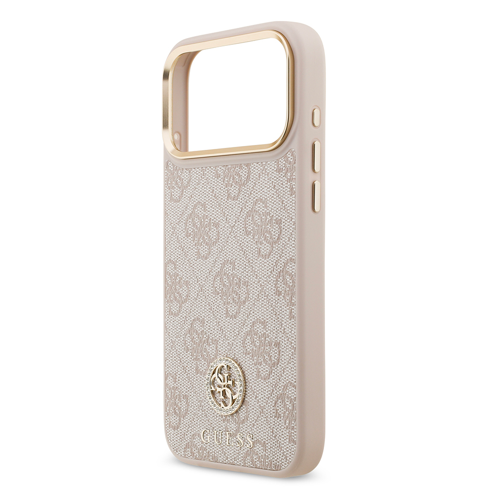 Apple iPhone 17 Pro Max Uyumlu Kılıf Guess Orjinal Lisanslı M-safe Şarj Özellikli Gold Metal Kamera Çerçeveli Taşlı 4G Logolu Kapak - 19