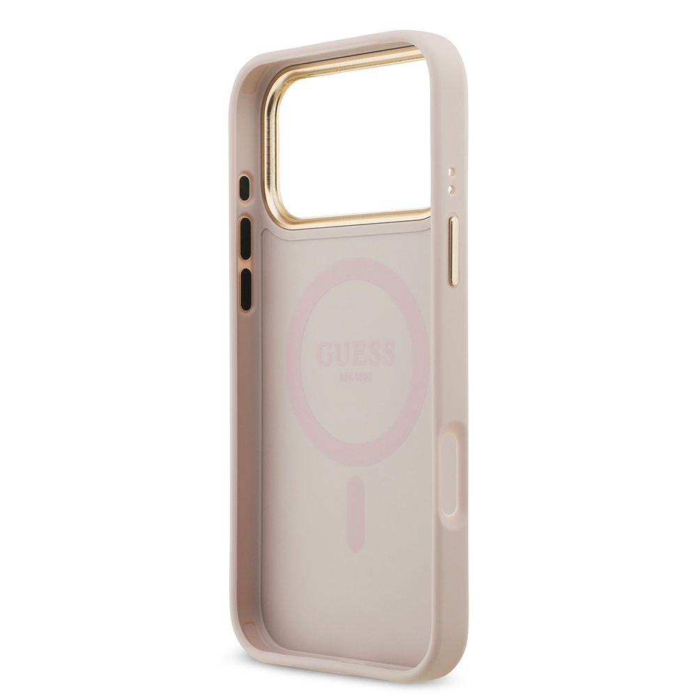 Apple iPhone 17 Pro Max Uyumlu Kılıf Guess Orjinal Lisanslı M-safe Şarj Özellikli Gold Metal Kamera Çerçeveli Taşlı 4G Logolu Kapak - 20