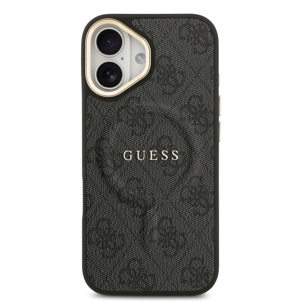 Apple iPhone 17 Uyumlu Kılıf Guess Orjinal Lisanslı M-safe Şarj Özellikli Gold Metal Kamera Çerçeveli PU Deri 4G Desenli Yazı Logolu Kapak - 1