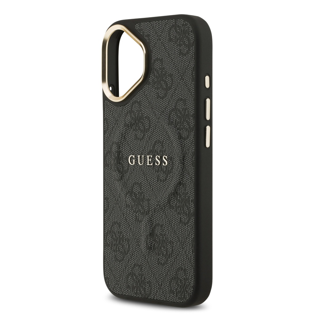 Apple iPhone 17 Uyumlu Kılıf Guess Orjinal Lisanslı M-safe Şarj Özellikli Gold Metal Kamera Çerçeveli PU Deri 4G Desenli Yazı Logolu Kapak - 4