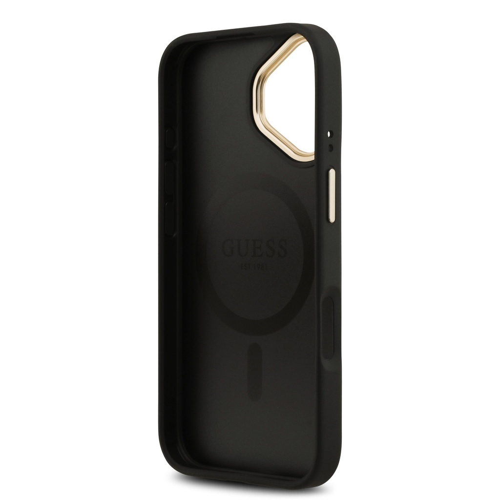 Apple iPhone 17 Uyumlu Kılıf Guess Orjinal Lisanslı M-safe Şarj Özellikli Gold Metal Kamera Çerçeveli PU Deri 4G Desenli Yazı Logolu Kapak - 5