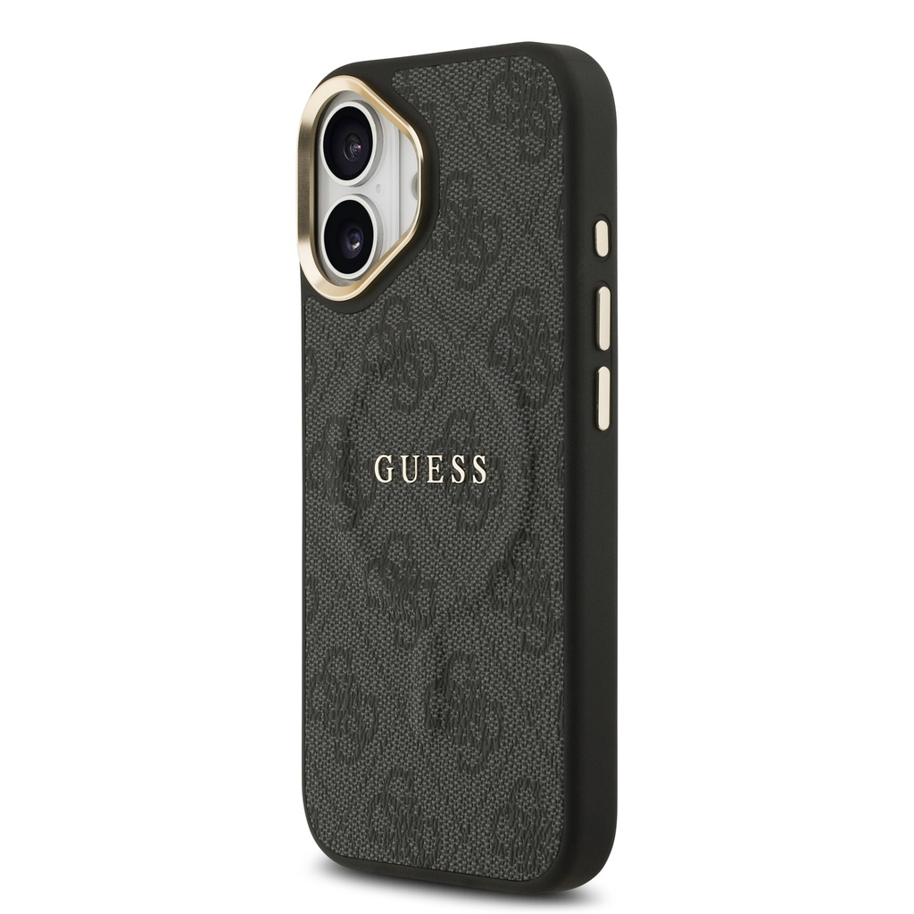 Apple iPhone 17 Uyumlu Kılıf Guess Orjinal Lisanslı M-safe Şarj Özellikli Gold Metal Kamera Çerçeveli PU Deri 4G Desenli Yazı Logolu Kapak - 6