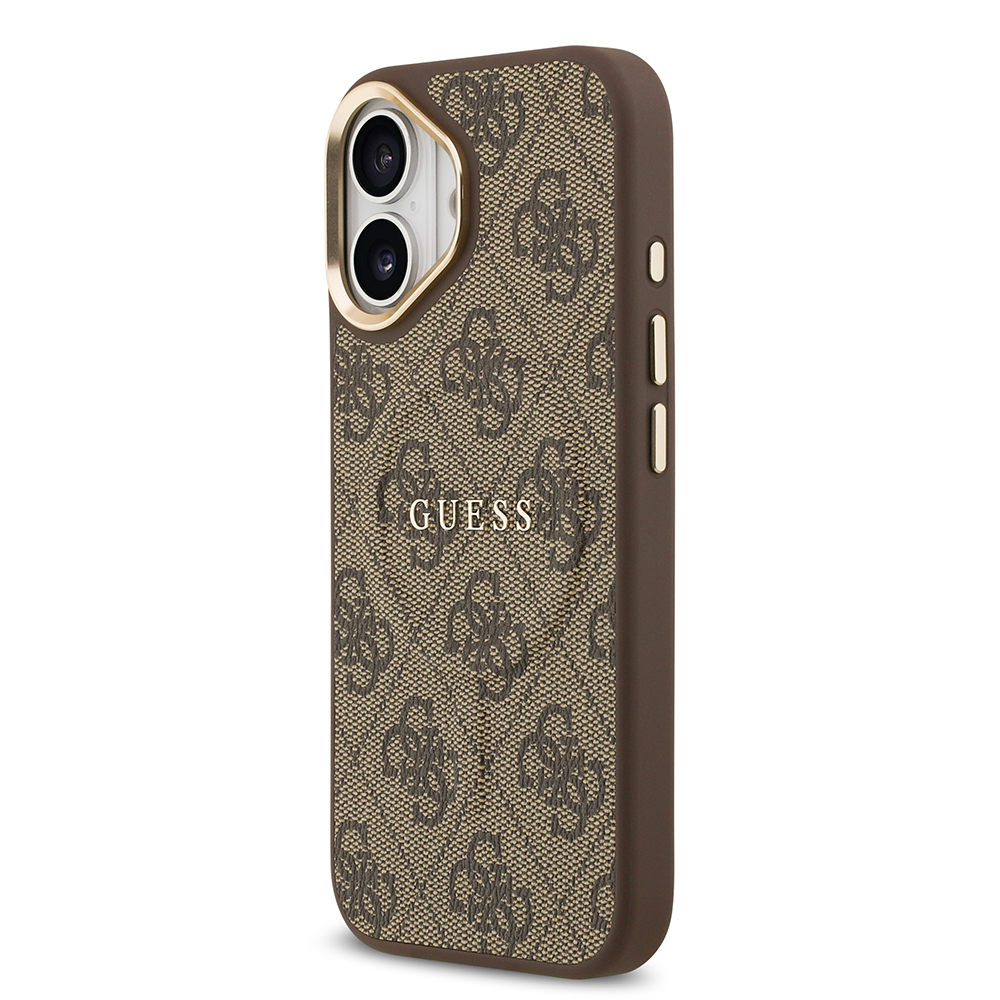 Apple iPhone 17 Uyumlu Kılıf Guess Orjinal Lisanslı M-safe Şarj Özellikli Gold Metal Kamera Çerçeveli PU Deri 4G Desenli Yazı Logolu Kapak - 7