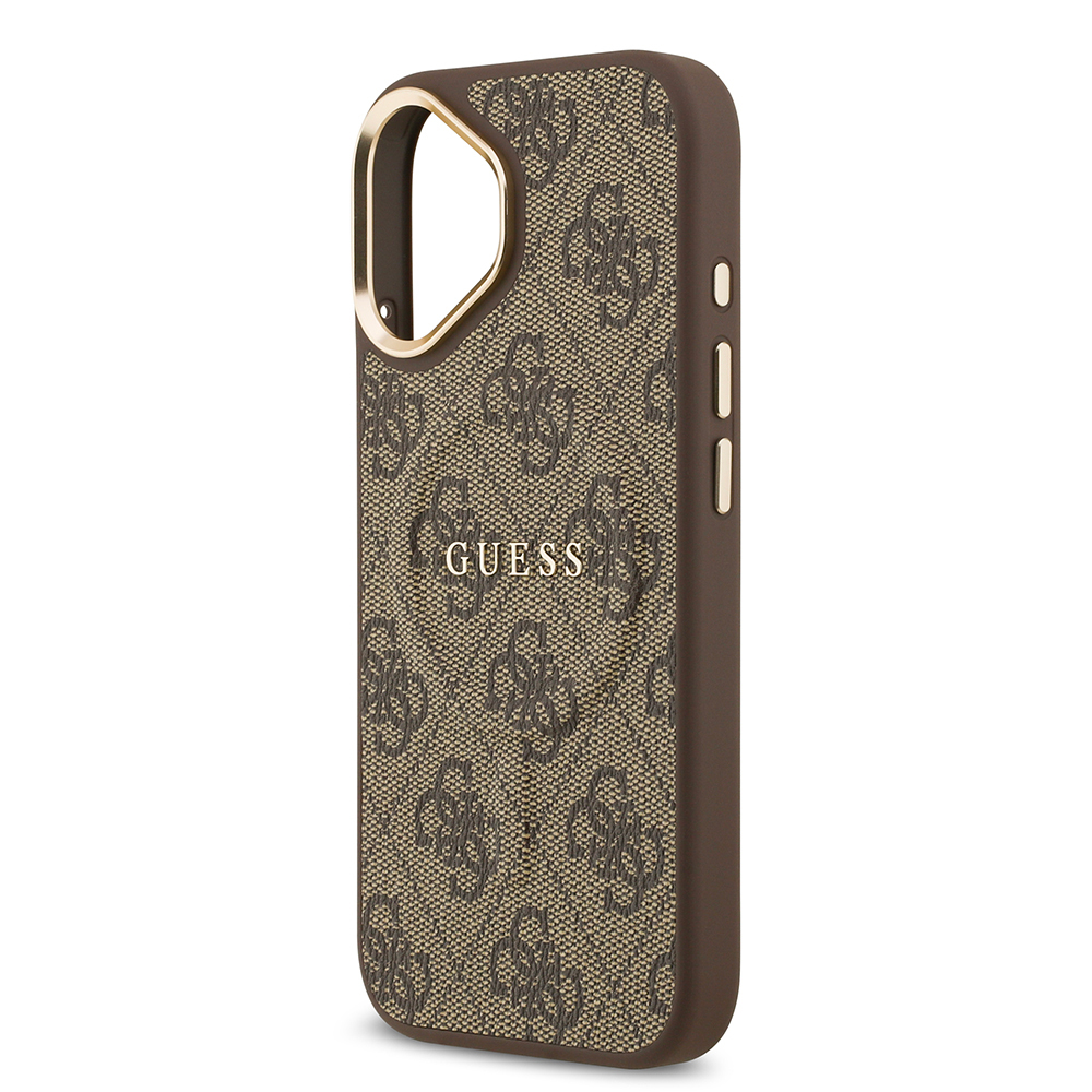 Apple iPhone 17 Uyumlu Kılıf Guess Orjinal Lisanslı M-safe Şarj Özellikli Gold Metal Kamera Çerçeveli PU Deri 4G Desenli Yazı Logolu Kapak - 11