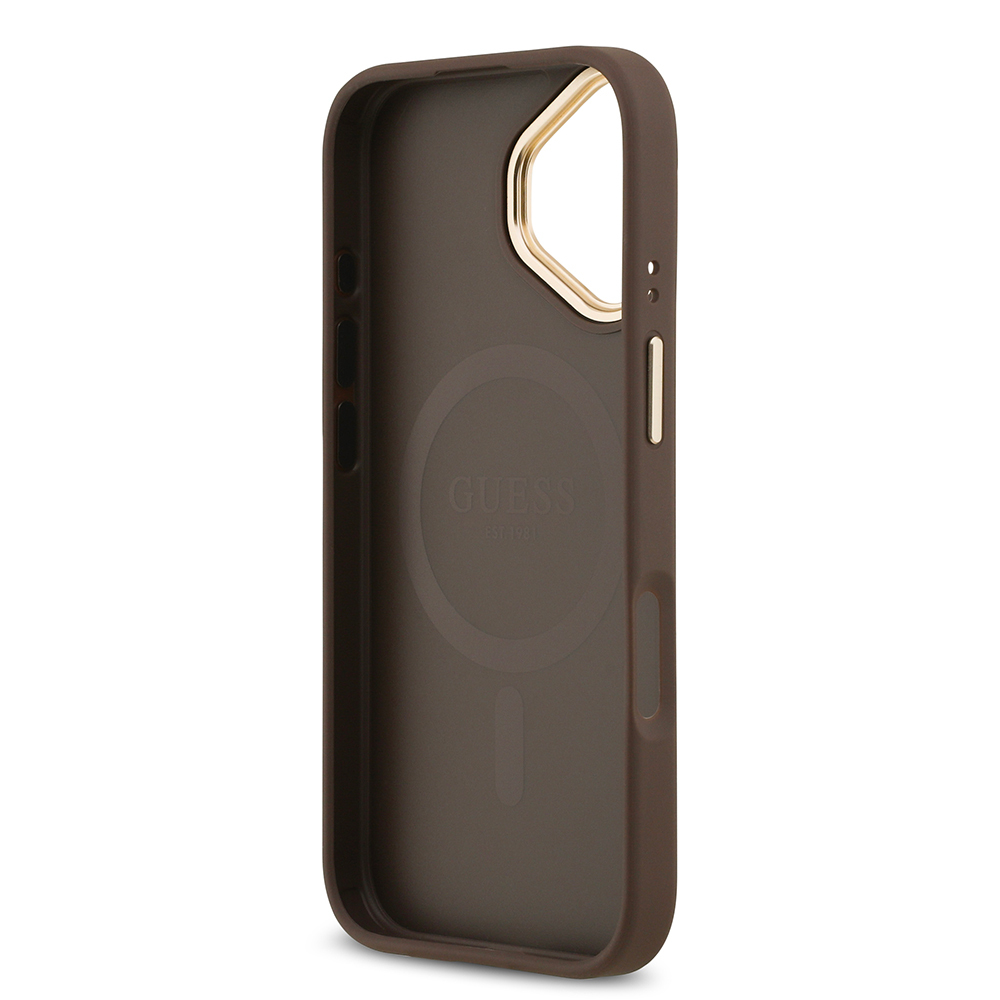 Apple iPhone 17 Uyumlu Kılıf Guess Orjinal Lisanslı M-safe Şarj Özellikli Gold Metal Kamera Çerçeveli PU Deri 4G Desenli Yazı Logolu Kapak - 12