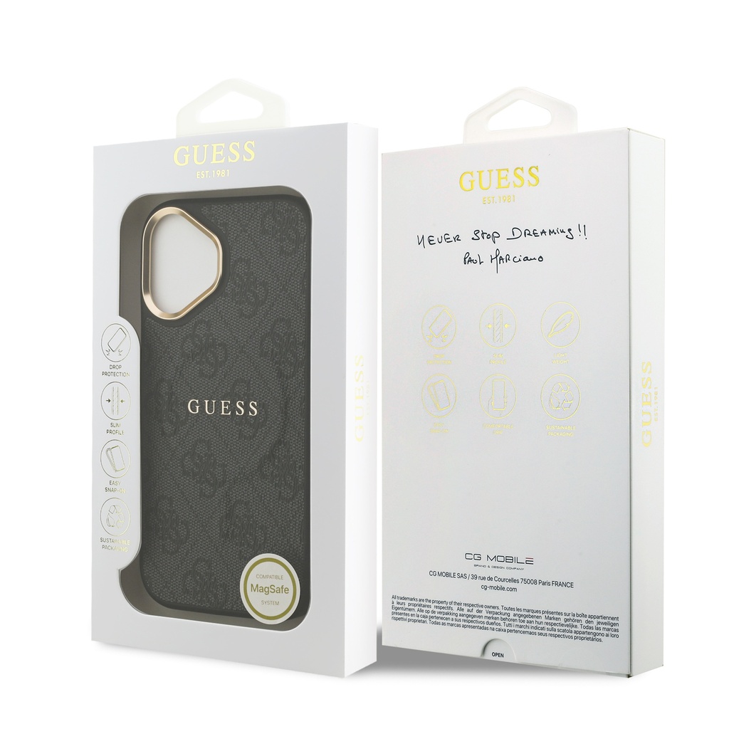 Apple iPhone 17 Uyumlu Kılıf Guess Orjinal Lisanslı M-safe Şarj Özellikli Gold Metal Kamera Çerçeveli PU Deri 4G Desenli Yazı Logolu Kapak - 14