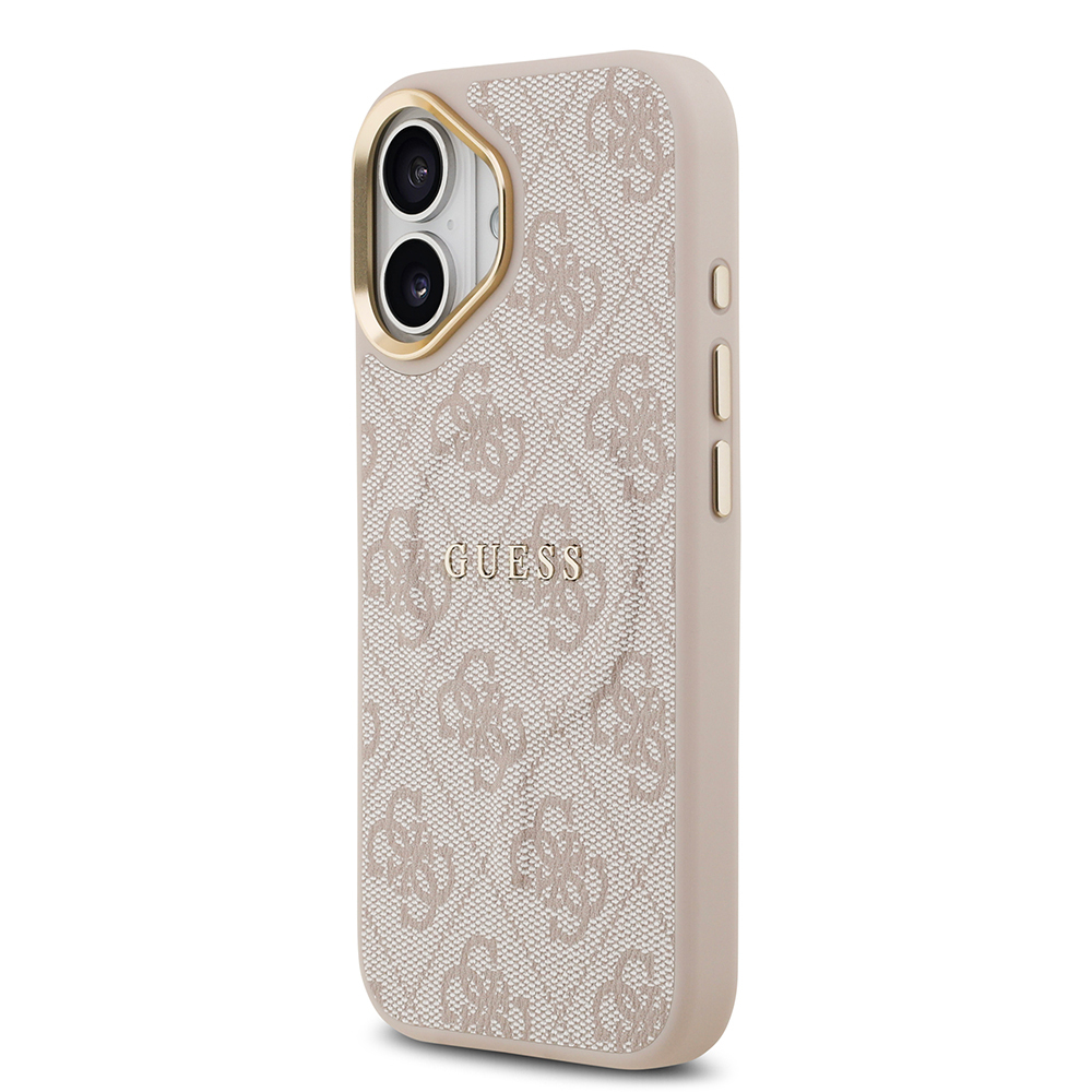 Apple iPhone 17 Uyumlu Kılıf Guess Orjinal Lisanslı M-safe Şarj Özellikli Gold Metal Kamera Çerçeveli PU Deri 4G Desenli Yazı Logolu Kapak - 22